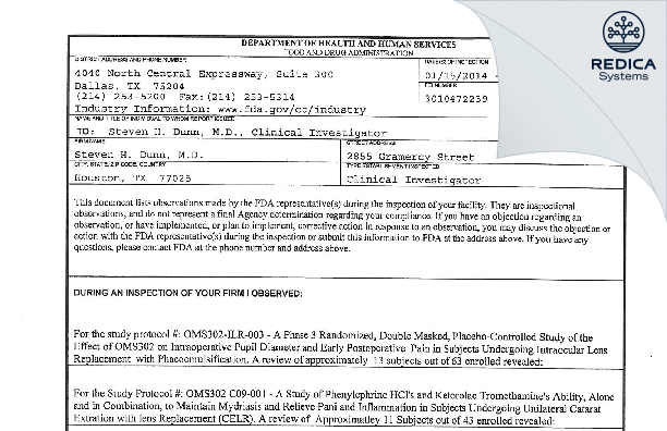 FDA 483 - Steven H. Dunn, M.D. [Houston / United States of America] - Download PDF - Redica Systems