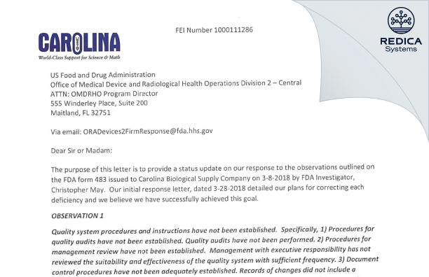 FDA 483 Response - Carolina Biological Supply Co [Burlington / United States of America] - Download PDF - Redica Systems