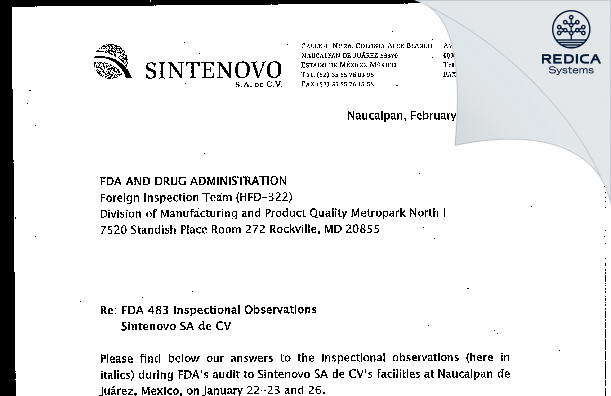 FDA 483 Response - SINTENOVO SA DE CV [Naucalpan De Juarez / Mexico] - Download PDF - Redica Systems