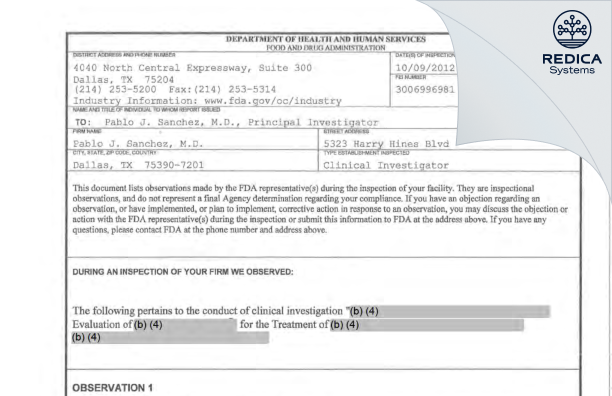 FDA 483 - Pablo J. Sanchez, M.D. [Dallas / United States of America] - Download PDF - Redica Systems