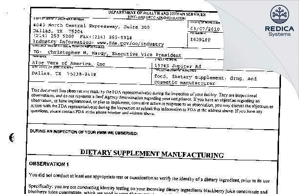 FDA 483 - Aloe Vera of America, Inc [Dallas / United States of America] - Download PDF - Redica Systems