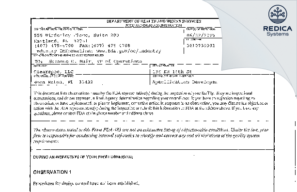 FDA 483 - Clearspec LLC [Boca Raton / United States of America] - Download PDF - Redica Systems