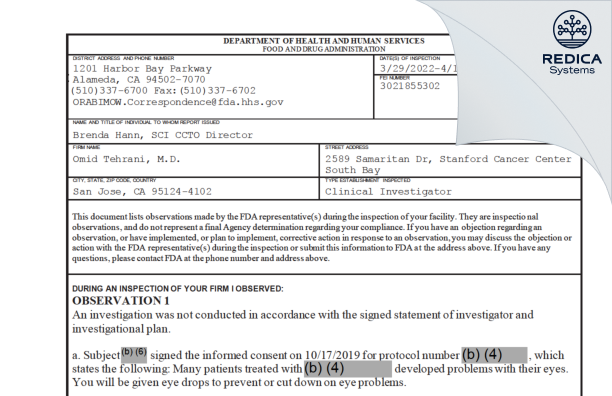 FDA 483 - Omid Tehrani, M.D. [Fresno / United States of America] - Download PDF - Redica Systems