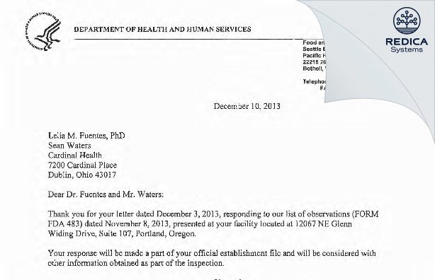 FDA 483 Response - Cardinal Health 414, LLC [Portland / United States of America] - Download PDF - Redica Systems