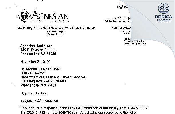 FDA 483 Response - Agnesian Healthcare IRB [Fond Du Lac / United States of America] - Download PDF - Redica Systems