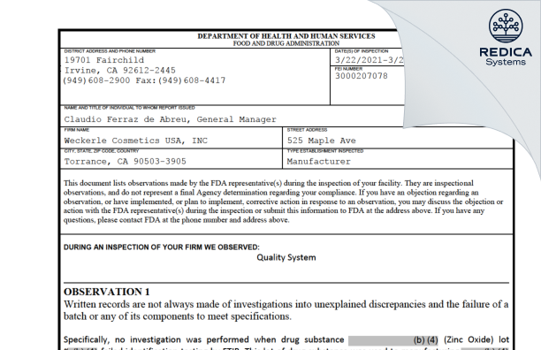 FDA 483 - Weckerle Cosmetics USA, Inc [Torrance California / United States of America] - Download PDF - Redica Systems