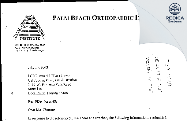 FDA 483 Response - Ben R. Thebaut, M.D. [Palm Beach Gardens / United States of America] - Download PDF - Redica Systems