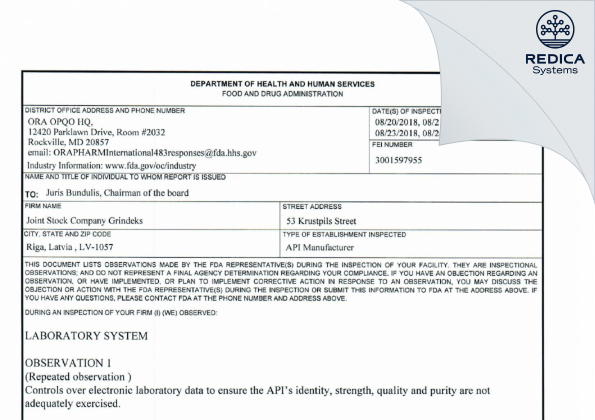 FDA 483 - GRINDEKS JSC [Riga / Latvia] - Download PDF - Redica Systems