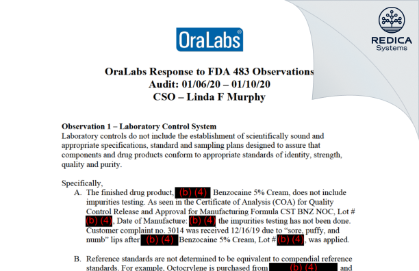 FDA 483 Response - OraLabs, Inc [Parker / United States of America] - Download PDF - Redica Systems