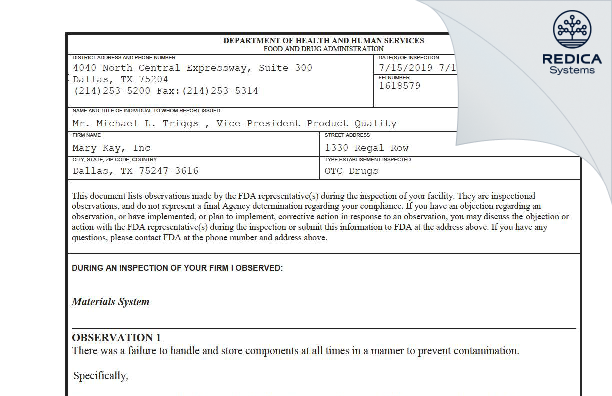 FDA 483 - Mary Kay, Inc [Dallas / United States of America] - Download PDF - Redica Systems