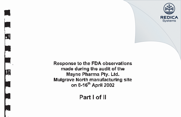 FDA 483 Response - Hospira Australia Pty Ltd [- / Australia] - Download PDF - Redica Systems