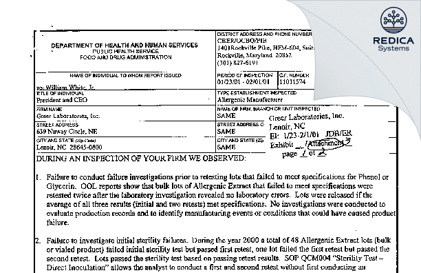 FDA 483 - Greer Laboratories, Inc. [Lenoir / -] - Download PDF - Redica Systems