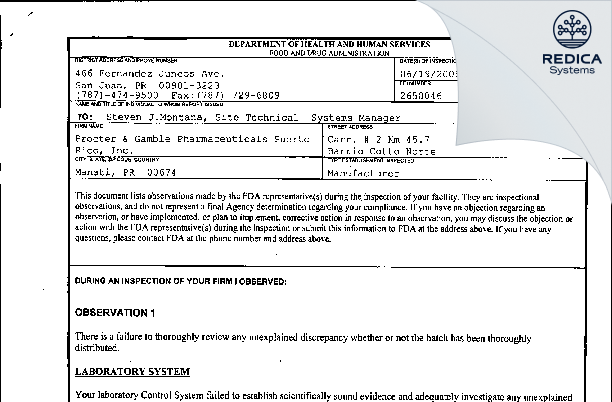 FDA 483 - Warner Chilcott Company, LLC [Manati / United States of America] - Download PDF - Redica Systems