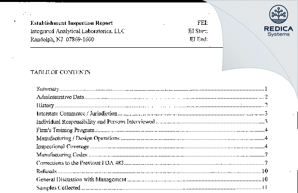 EIR - Integrated Analytical Laboratories, LLC. [Randolph / United States of America] - Download PDF - Redica Systems