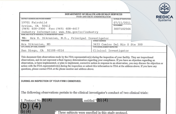 FDA 483 - Ara Dikranian, MD [San Diego / United States of America] - Download PDF - Redica Systems