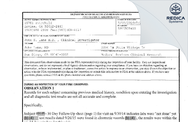 FDA 483 - John Lane, MD [San Diego / United States of America] - Download PDF - Redica Systems