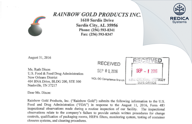 FDA 483 Response - Rainbow Gold Products, Inc. [Sardis City / United States of America] - Download PDF - Redica Systems