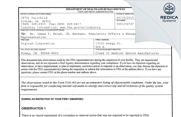 FDA 483 - Digirad Corporation [Poway / United States of America] - Download PDF - Redica Systems