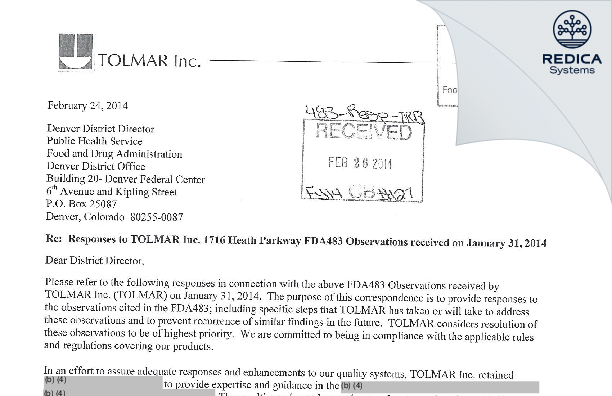FDA 483 Response - TOLMAR Inc. [Fort Collins / United States of America] - Download PDF - Redica Systems