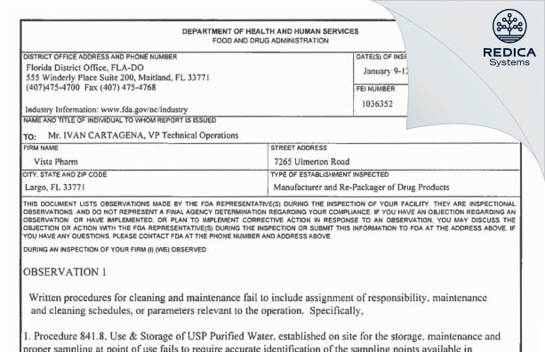 FDA 483 - VistaPharm, LLC [Largo / United States of America] - Download PDF - Redica Systems