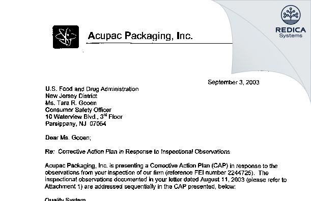 FDA 483 Response - ACUPAC PACKAGING INC [Jersey / United States of America] - Download PDF - Redica Systems