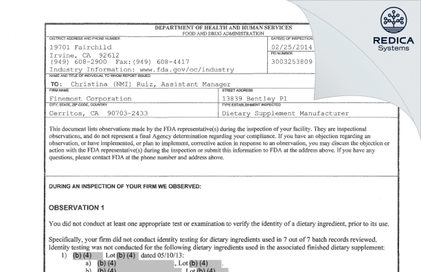 FDA 483 - Finemost Corporation [Cerritos / United States of America] - Download PDF - Redica Systems