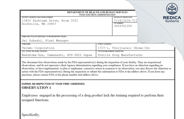 FDA 483 - TERUMO CORPORATION [Tsuijiarai Showacho / Japan] - Download PDF - Redica Systems