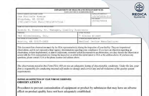 FDA 483 - TEI Biosciences, Inc. [Boston / United States of America] - Download PDF - Redica Systems