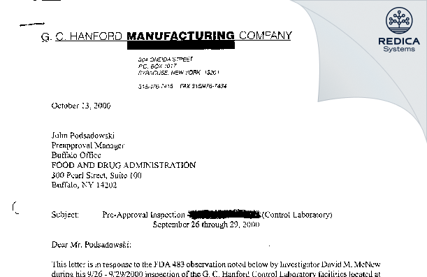 FDA 483 Response - GC Hanford Manufacturing Company [York / United States of America] - Download PDF - Redica Systems