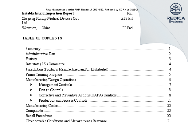 EIR - Zhejiang Kindly Medical Devices Co., Ltd. [Wenzhou / China] - Download PDF - Redica Systems