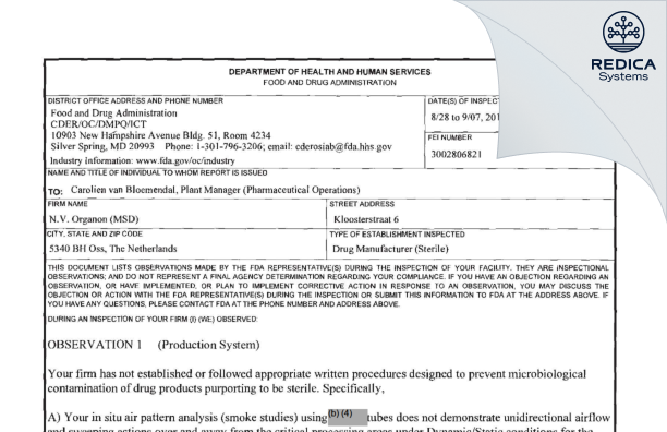FDA 483 - N.V. Organon [Oss / Netherlands] - Download PDF - Redica Systems