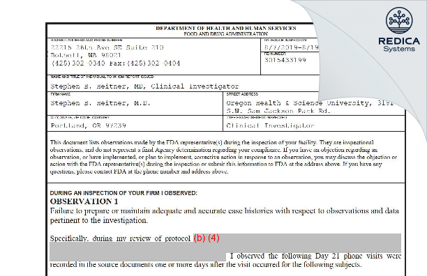 FDA 483 - Stephen B. Heitner, M.D. [Portland / United States of America] - Download PDF - Redica Systems