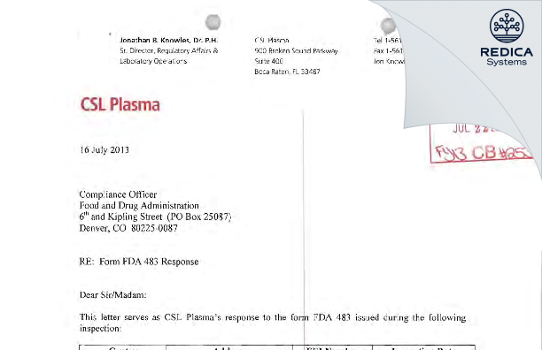 FDA 483 Response - CSL Plasma Inc. [Aurora / United States of America] - Download PDF - Redica Systems