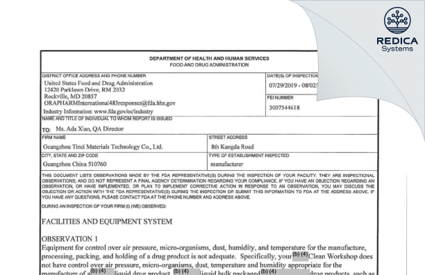 FDA 483 - Guangzhou Tinci Materials Technology Co., Ltd. [Guangzhou / China] - Download PDF - Redica Systems
