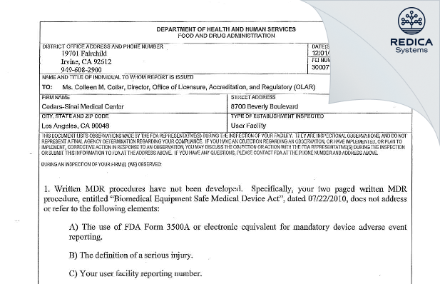 FDA 483 - Cedars-Sinai Medical Center [Los Angeles / United States of America] - Download PDF - Redica Systems