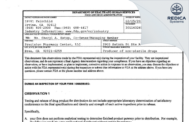FDA 483 - Precision Pharmacy Center, LLC [Brea / United States of America] - Download PDF - Redica Systems