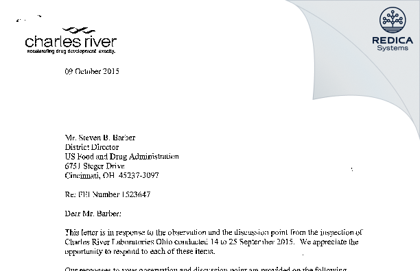 FDA 483 Response - Charles River Laboratories Inc [Spencerville / United States of America] - Download PDF - Redica Systems