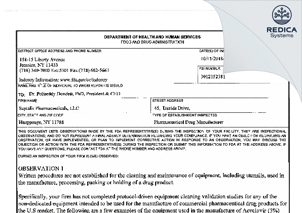 FDA 483 - Saptalis Pharmaceuticals LLC [Hauppauge New York / United States of America] - Download PDF - Redica Systems