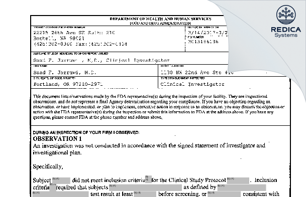 FDA 483 - Saad F Jazrawi MD [Portland / United States of America] - Download PDF - Redica Systems