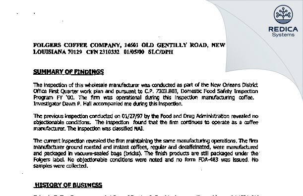 EIR - Folger Coffee Company [New Orleans / United States of America] - Download PDF - Redica Systems
