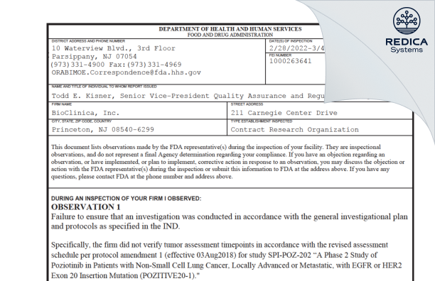 FDA 483 - BioClinica, Inc. [Princeton / United States of America] - Download PDF - Redica Systems