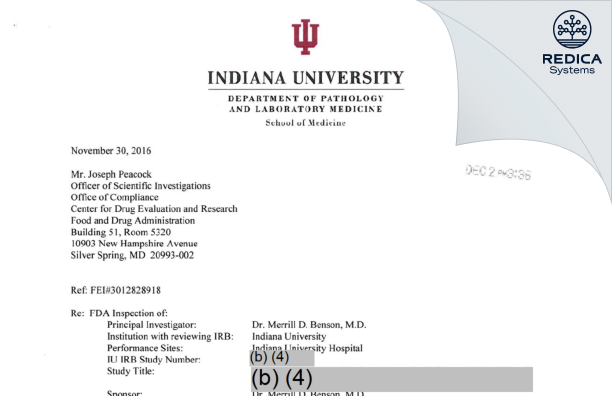 FDA 483 Response - Merrill D. Benson, M.D. [Indianapolis / United States of America] - Download PDF - Redica Systems