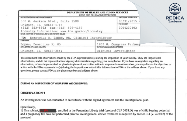 FDA 483 - Lopes, Demetrius K, MD [Chicago / United States of America] - Download PDF - Redica Systems