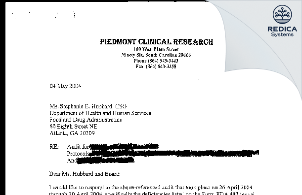 FDA 483 Response - Evangeline G Gonzalez MD [Ninety Six / United States of America] - Download PDF - Redica Systems