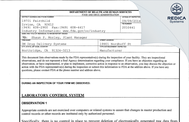 FDA 483 - Kindeva Drug Delivery L.P. [Northridge / United States of America] - Download PDF - Redica Systems