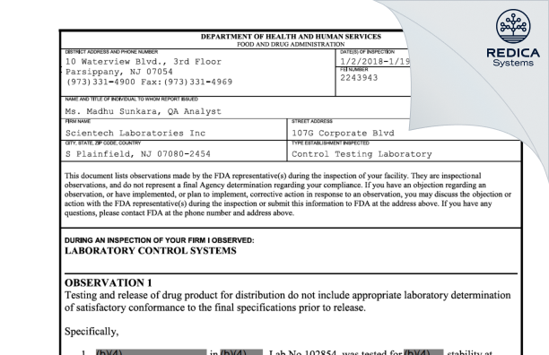FDA 483 - Scientech Laboratories, Inc. [Jersey / United States of America] - Download PDF - Redica Systems