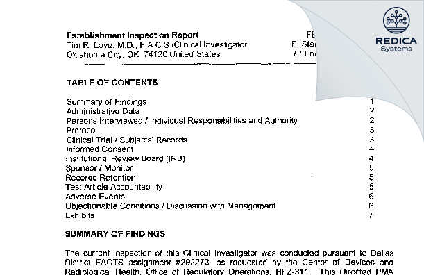 EIR - Tim Love, MD [Oklahoma City / United States of America] - Download PDF - Redica Systems