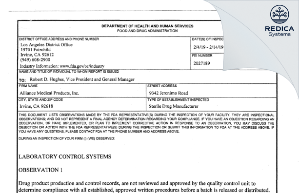 FDA 483 - Alliance Medical Products, Inc. (dba Siegfried Irvine) [Irvine / United States of America] - Download PDF - Redica Systems
