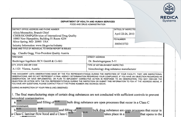 FDA 483 - Boehringer Ingelheim RCV GmbH & Co KG [Vienna / Austria] - Download PDF - Redica Systems