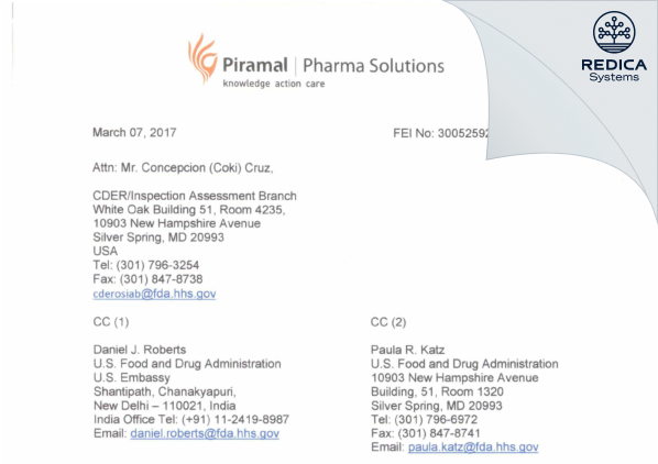 FDA 483 Response - Piramal Pharma Limited [India / India] - Download PDF - Redica Systems